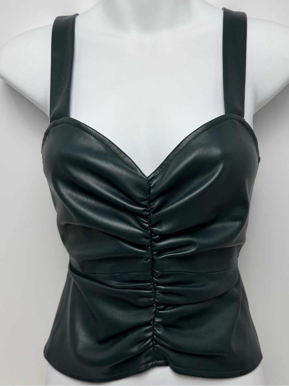Shabby Chic Dark Forest Green Faux-Leather Ruched Top - XS
